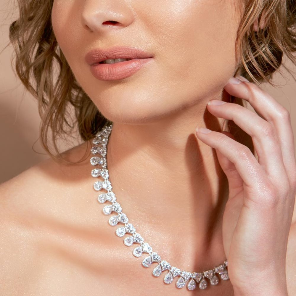 Rhodium Plated 925 Sterling Silver Teardrop Heart CZ Tennis Necklace - Picture 2 of 6